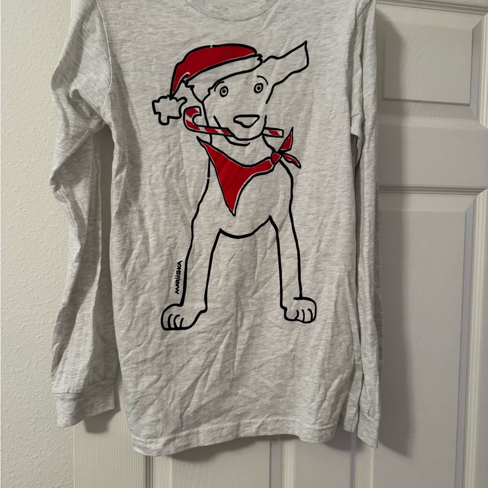 Festive Long Sleeve Dog Graphic Tee - Light Gray